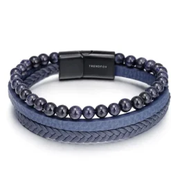 Armband Heren - Blauw Leer Met Blauwe Kralen