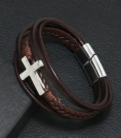 Armband Heren - Bruin Leer met Zilver Kleurig Kruis - 23cm