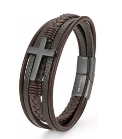 Armband Heren - Bruin Leer met Zwart Kruis - 23cm