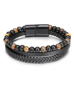 Armband Heren - Zwart Leer Met Bruine Kralen