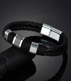 Armband Heren - Zwart Leer met Stalen Accenten