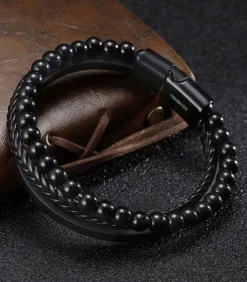 Armband Heren - Zwart Leer Met Zwarte Kralen