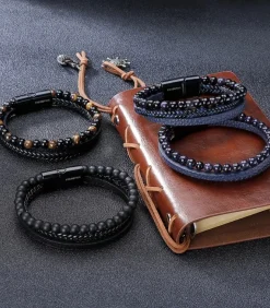 Armband Heren - Zwart Leer Met Zwarte Kralen