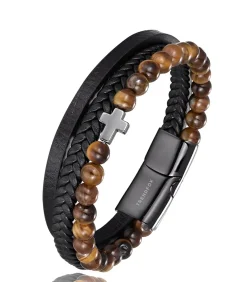Armband Heren - Zwart Leer met Bruine Kralen en Zilver Kleurig Kruis