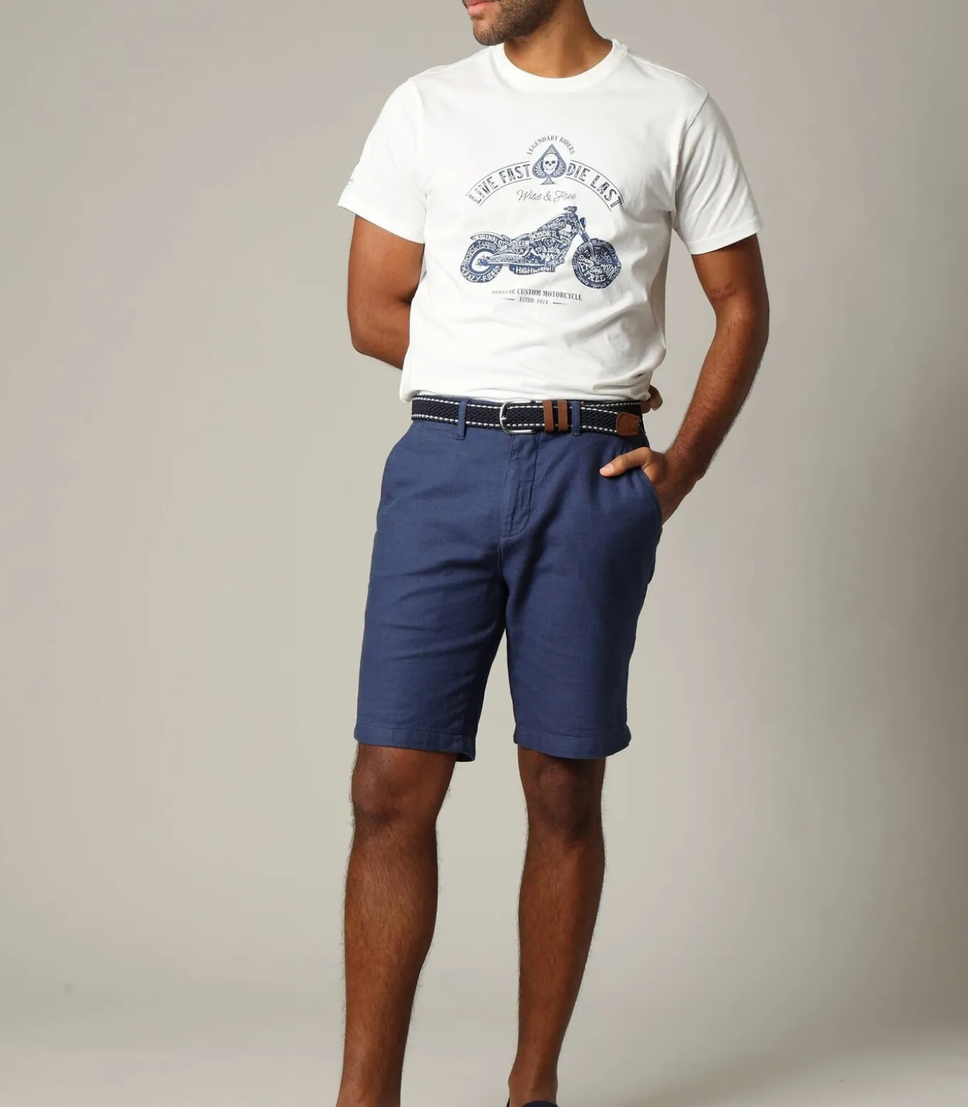 BAGEL - Riem met marineblauwe elastische gesp en bruin leer