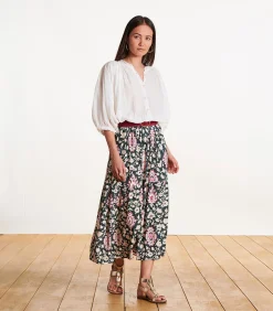 Bedrukte lange rok met elastiek in de taille in donkergroen