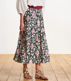 Bedrukte lange rok met elastiek in de taille in donkergroen