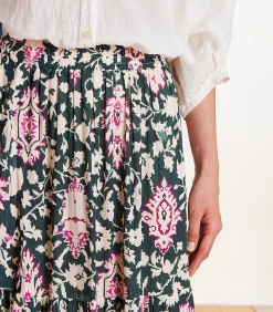 Bedrukte lange rok met elastiek in de taille in donkergroen