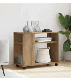 Bijzettafel met wieltjes 70x35x60 cm hout artisanaal eikenkleur