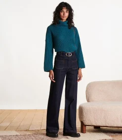 Blauw iriserende gebreide trui, lange mouwen, col