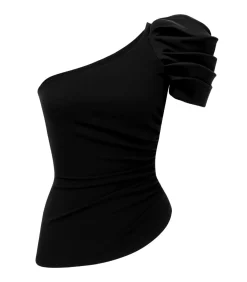 Blouse Met Korte Mouwen “One Shoulder Puffed Satin Sleeve Asymmetric Scuba Top”