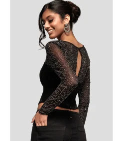 Blouse Met Lange Mouwen “Diamante Long Sleeve Velvet Dipped Hem Top”