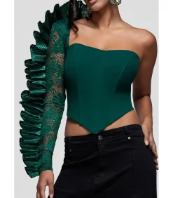 Blouse Met Lange Mouwen “One Shoulder Fan Pleat Frill Corset Top”
