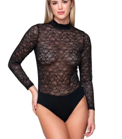 Body van kant met lange mouwen en opstaande kraag MICRO