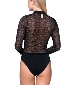 Body van kant met lange mouwen en opstaande kraag MICRO