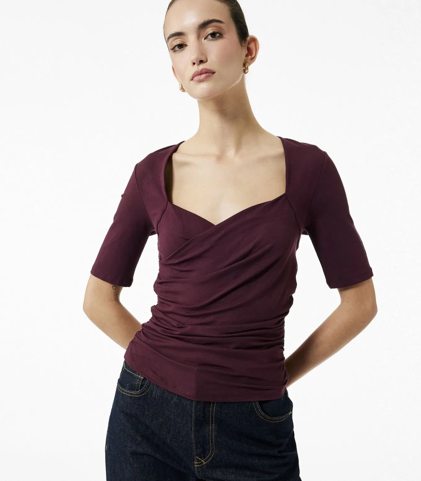 Bordeaux Blouse Slanke Pasvorm Korte Mouwen