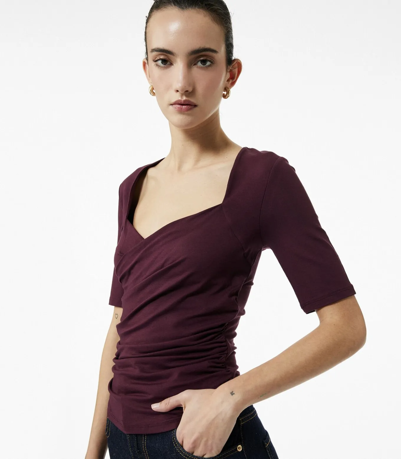 Bordeaux Blouse Slanke Pasvorm Korte Mouwen