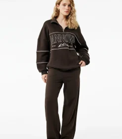 Bruine Broek met Elastische Taille en Wijde Pijpen