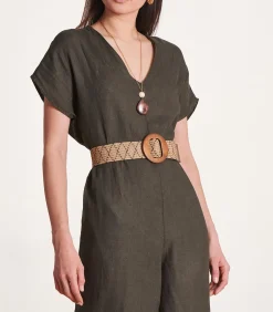 Bruine elastische riem met grote houten gesp