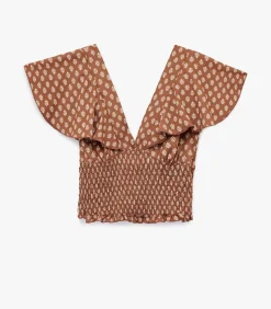 Bruine Korte Top Met V-Hals En Batwing Mouwen