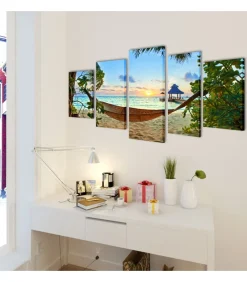 Canvas muurdruk set zandstrand met hangmat 100 x 50 cm