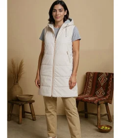 Dames lange mouwloze jas met capuchon