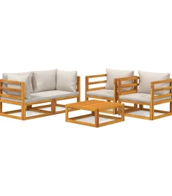 5-delige Loungeset met lichtgrijze kussens massief hout
