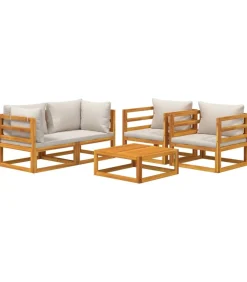 5-delige Loungeset met lichtgrijze kussens massief hout