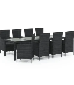 9-delige Tuinset met kussens poly rattan zwart