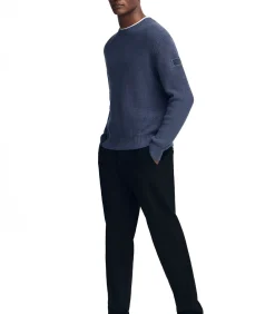 Denimblauwe cardigan met Engelse ribbel en Polo Club-patch