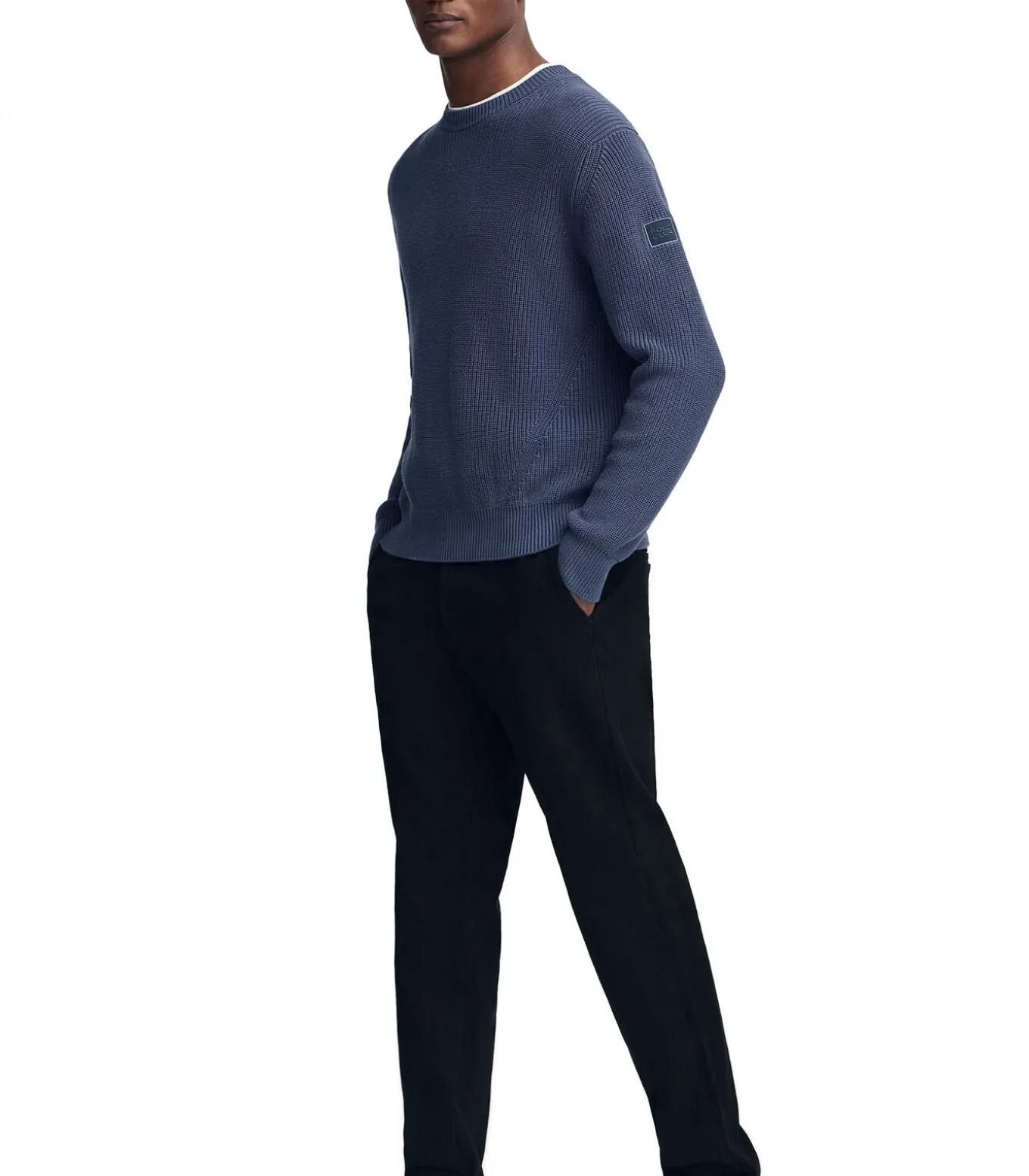 Denimblauwe cardigan met Engelse ribbel en Polo Club-patch