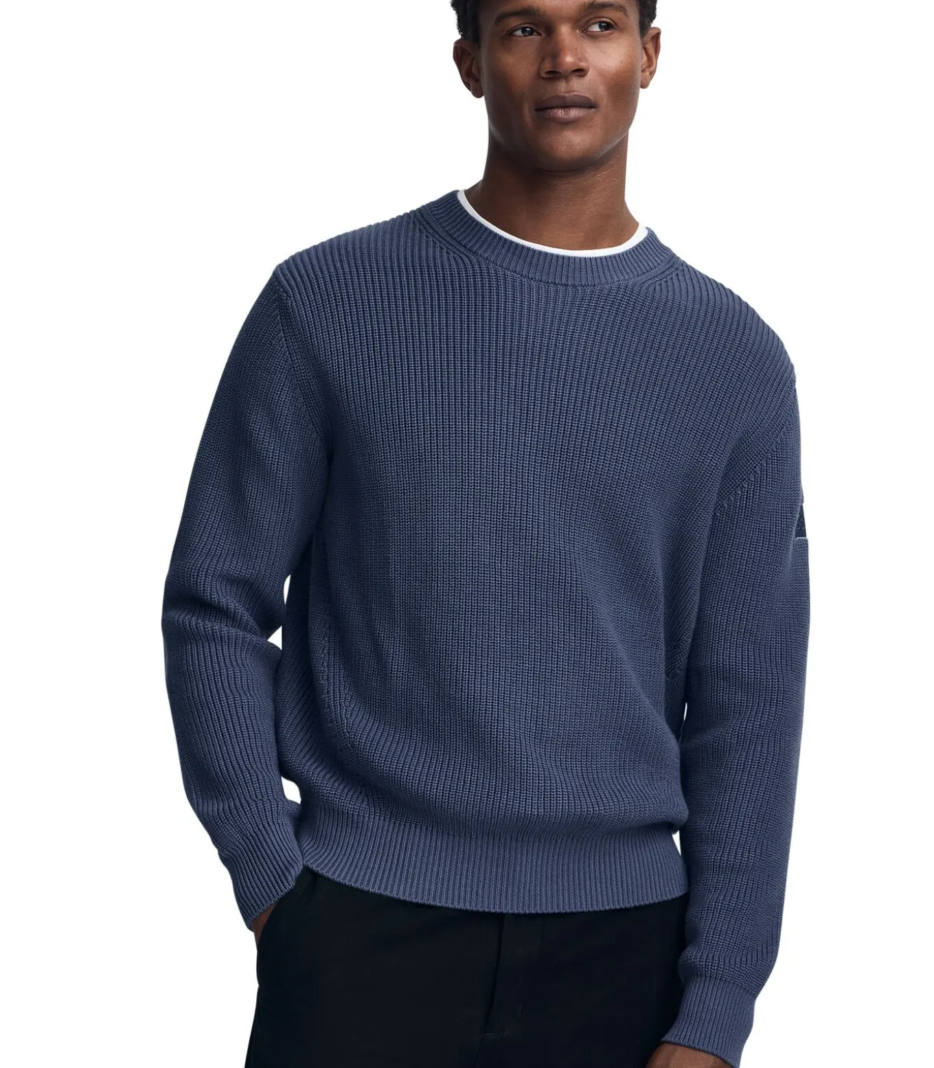 Denimblauwe cardigan met Engelse ribbel en Polo Club-patch