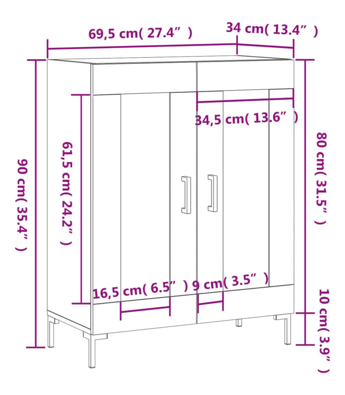 Dressoir 69,5x34x90 cm bewerkt hout hoogglans wit