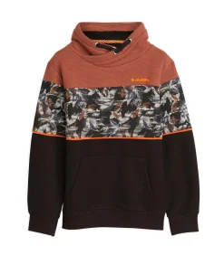 Driekleurige jongenstrui met kangoeroezak en plantenpatroon