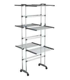 Droogrek 3-laags met wieltjes 60x70x129 cm zilverkleurig