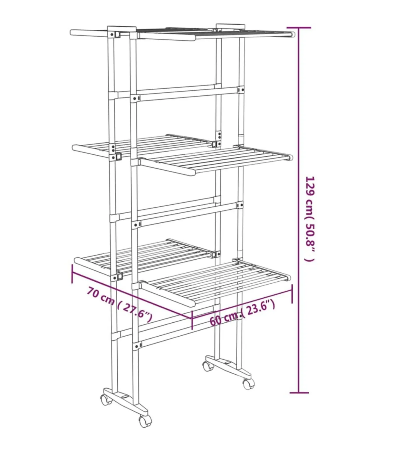 Droogrek 3-laags met wieltjes 60x70x129 cm zilverkleurig