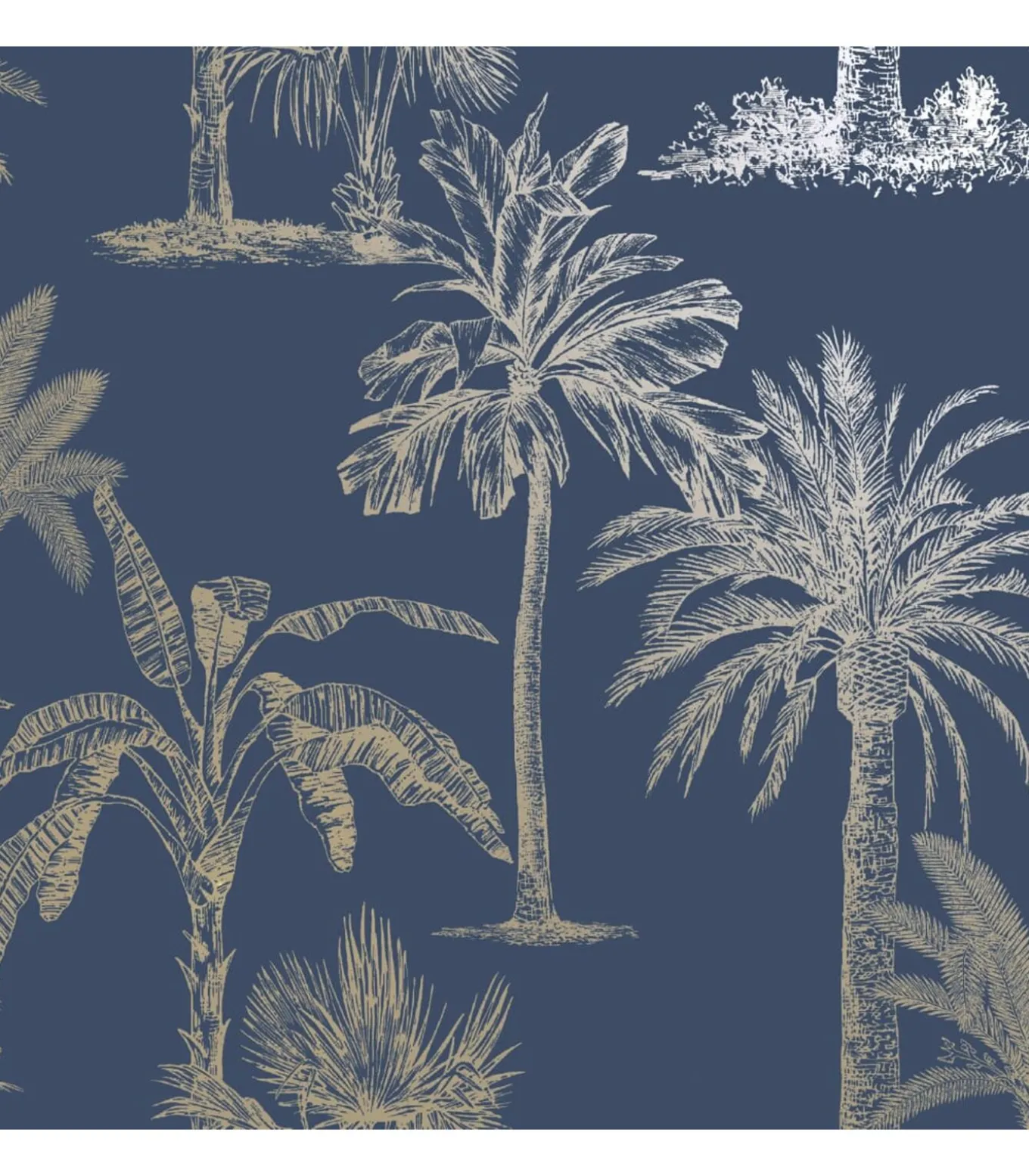 DUTCH WALLCOVERINGS Behang Tropical Trees marineblauw en zilverkleurig