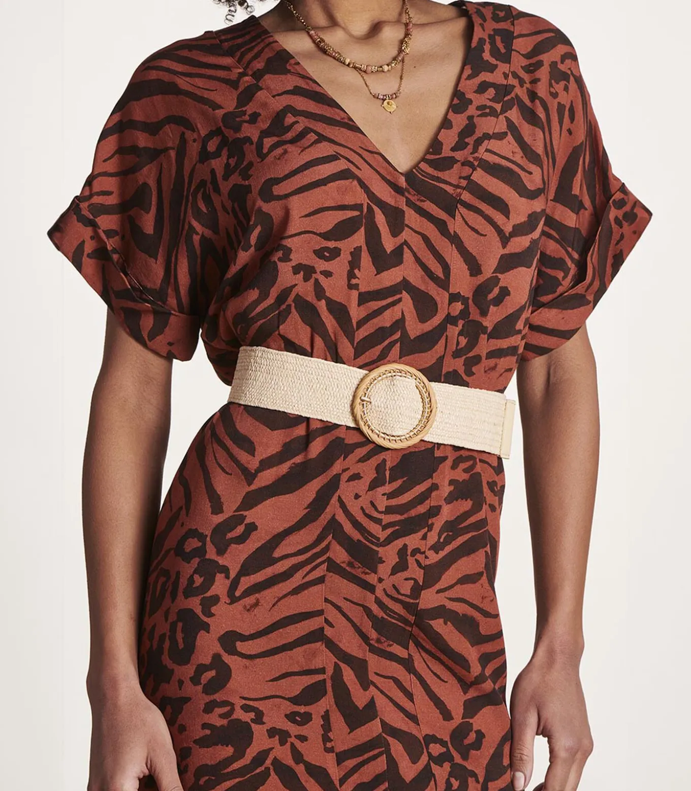 Elastische ecru riem met bamboe gesp