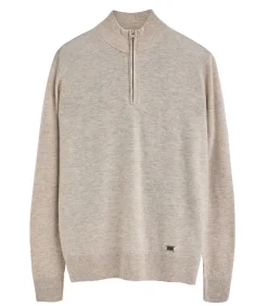 Gemêleerd beige trui van merinowol met halve rits