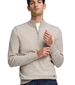 Gemêleerd beige trui van merinowol met halve rits