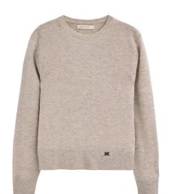 Gemêleerd beige trui van merinowol, met slim fit en ronde hals