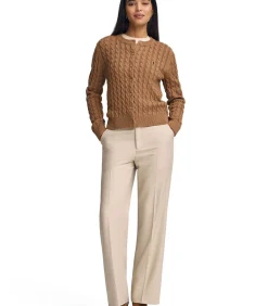 Gemêleerd camelkleurige kabelgebreide cardigan met geborduurd Rigby Go-logo