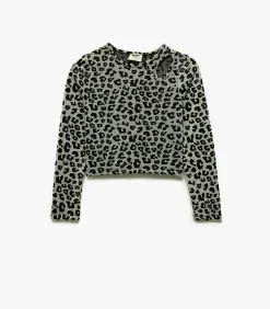 Grijze Crop Blouse Lange Mouwen Luipaardprint