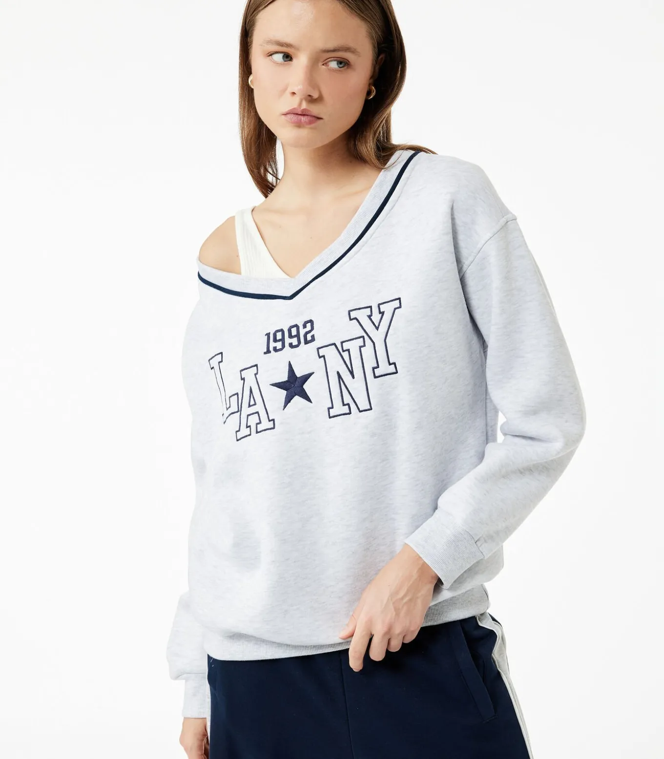 Grijze Oversized Sweatshirt V-hals Lange Mouwen