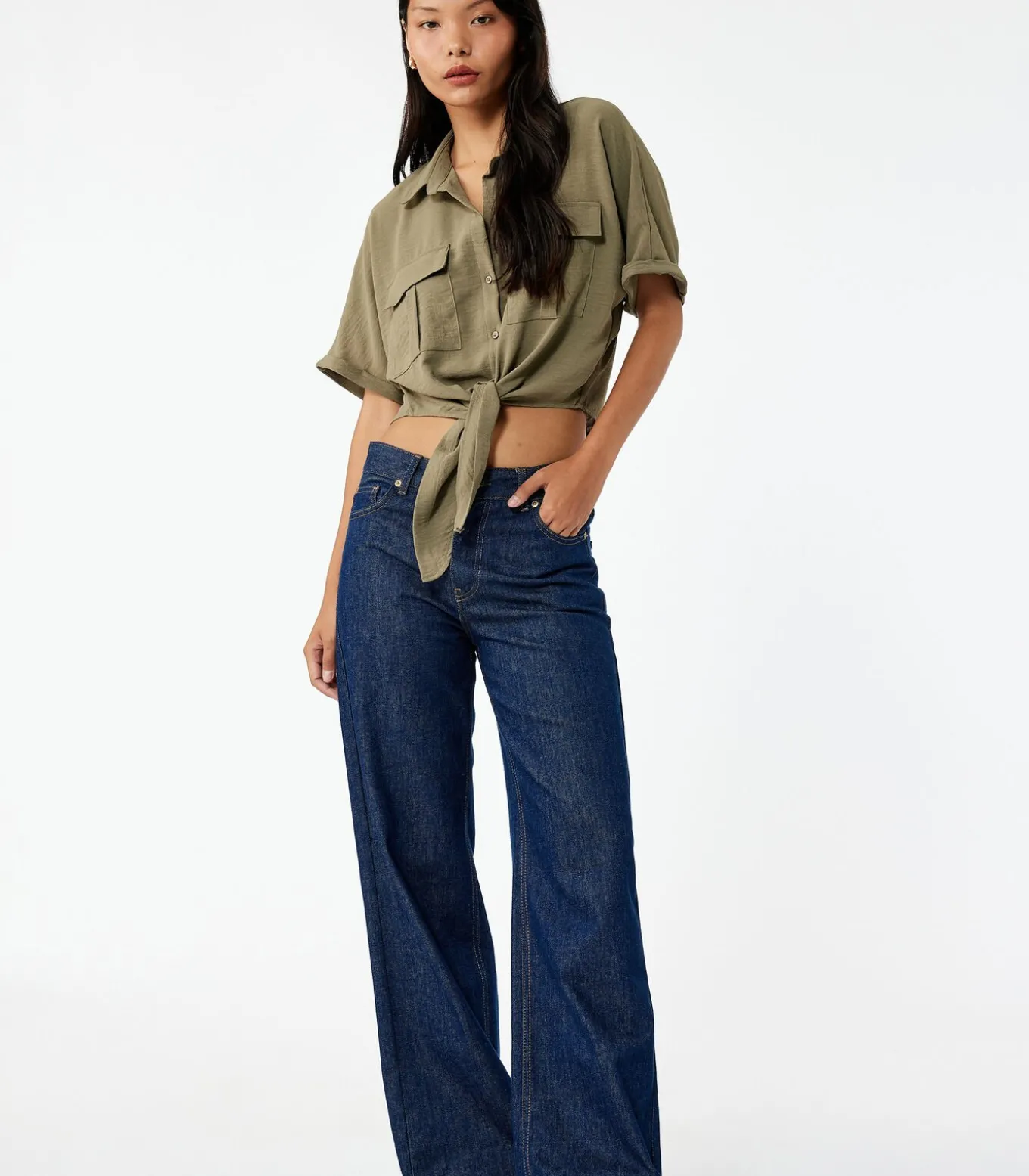 Groene Korte Mouwen Blouse met Binddetail