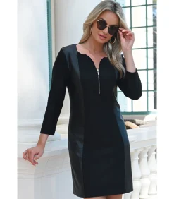 HELENA Chique winterjurk van twee materialen in zwart