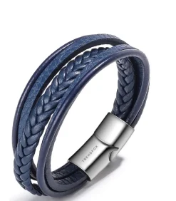 Heren Armband Leder - Blauw met Zilver Kleurige Sluiting