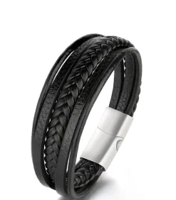 Heren Armband Leder - Zwart met Zilver Kleurige Sluiting