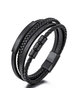 Heren Armband Leder - Zwart met Zwarte Accenten