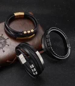 Heren Armband Leder - Zwart met Zwarte Accenten